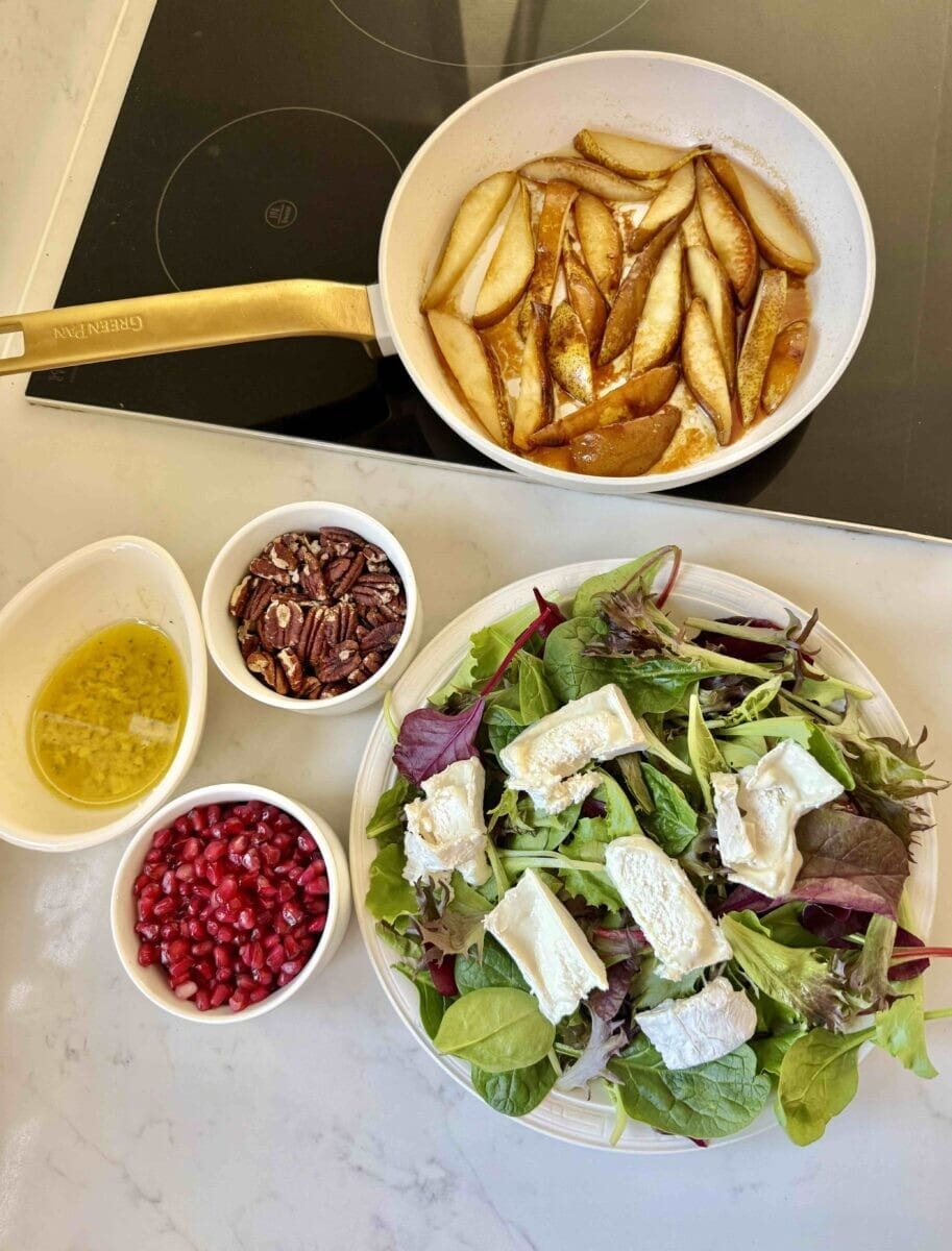 Warm pear and goats cheese salad ingredients 